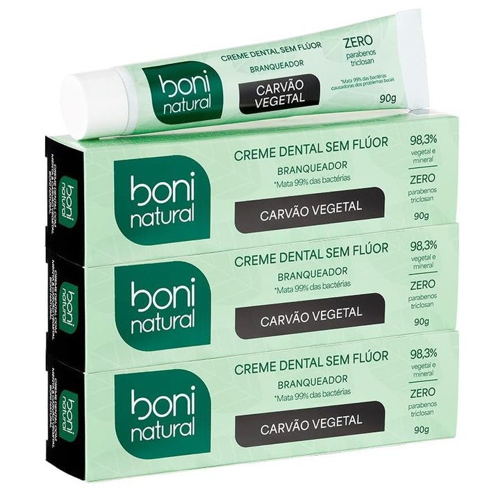 BONI NATURAL - Creme Dental Carvão Ativado Branqueador Com Carvão Vegetal 90g, 3 unidades