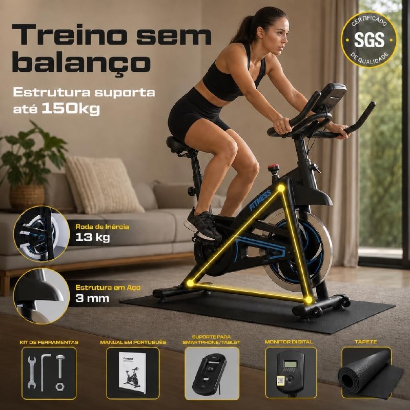 Bicicleta Spinning Ergométrica até 150KG Sensor Cardíaco Monitor Digital Silenciosa