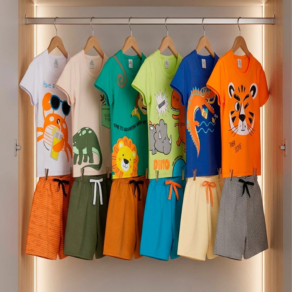 Kit Sortido 10 ou 4 Peças de Roupas Infantil Menino- 5 Camisetas + 5 Bermudas - Kit 5 Conjuntos de Roupa Verão Masculino