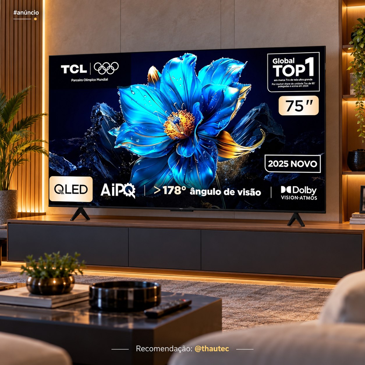 Smart TV TCL 75" 4K UHD QLED TV AiPQ Google Assistente 3 HDMI