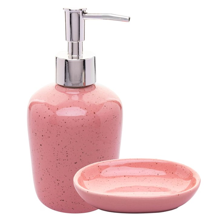 onjunto 2 Acessórios Para Banheiro De Cerâmica Dots Rosa