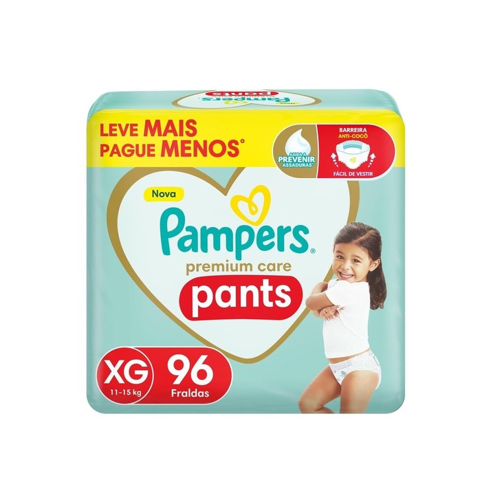 Fralda Pampers Premium Care Pants Tamanho XG Fácil de Vestir 96 Unidades