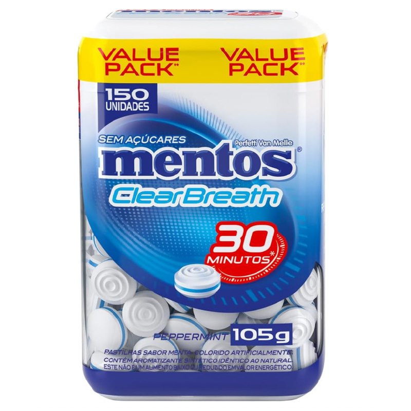 Mentos Clear Breath Peppermint Pastilhas Sem Açúcar Sabor Menta - 105g