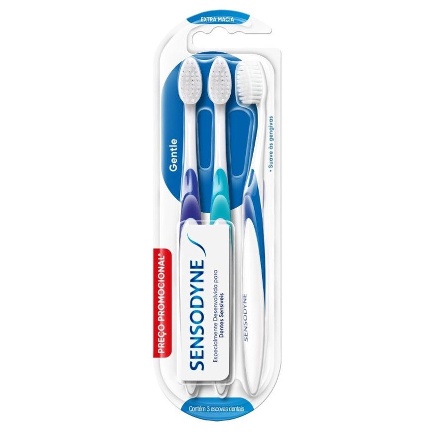 Sensodyne Escova de Dente Extra Macia, Gentle, para Dentes Sensíveis, 3 unidades