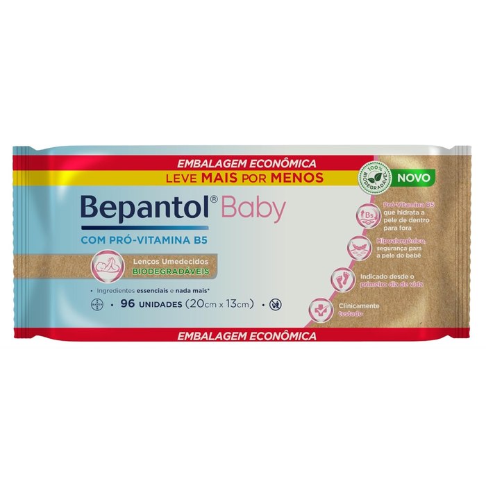 Bepantol Baby Lenço Umedecido Biodegradável para Bebê, Hipoalergênico, 96 Unidades